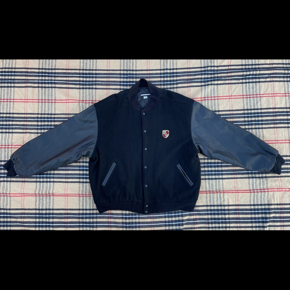 Porsche Black Wool and Leather Embroidered Varsity Jacket Mens Size XL Made USA